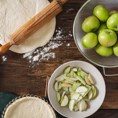 Poster - Ingredients for cooking apple tart on wooden table