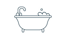  Bath Tub Line Icon. Linear Symbol Of A Bathtub With Shower Head Turned On Pouring Water Down.