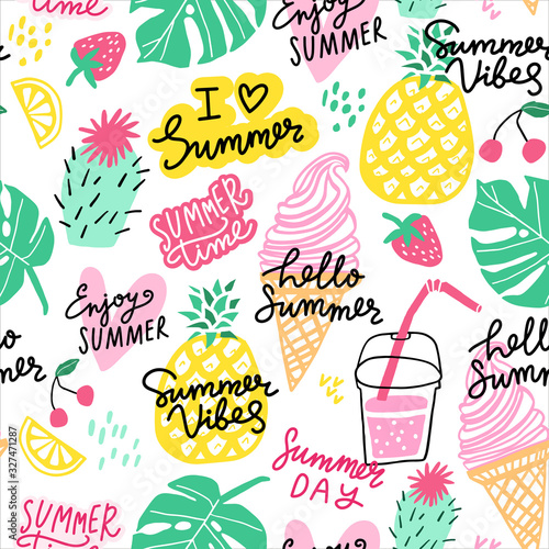 Photo Summer vector seamless pattern. Line cute doodle