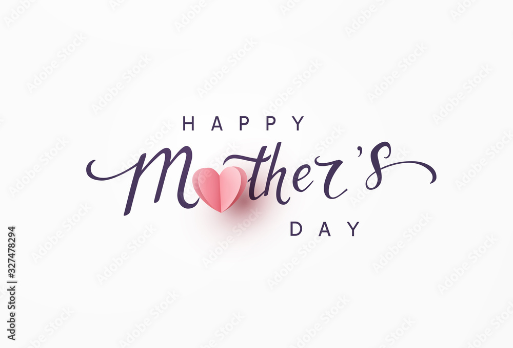 Mother's day greeting card. Vector banner with pink paper heart. Symbol of love and calligraphy text on gray background. . - obrazy, fototapety, plakaty 