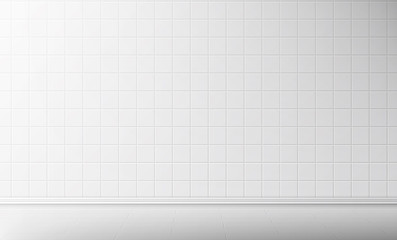White tile wall and floor in bathroom vector seamless background, empty kitchen or toilet interior room with square mosaic surface, ceramic tiled grid pattern, bath decor, Realistic 3d illustration