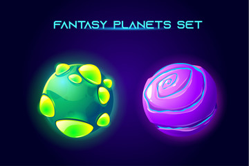 Wall Mural - Fantasy space planets for ui galaxy game. Vector cartoon icons set of magic alien world, fantastic cosmic objects with stones, liquid core, holes and spiral. Fantastic astronomy collection
