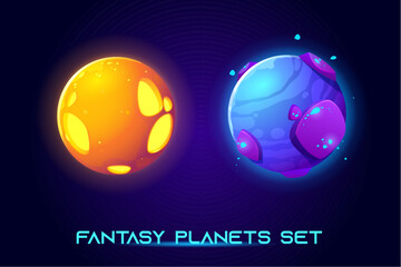 Wall Mural - Fantasy space planets for ui galaxy game. Vector cartoon icons set of magic alien world, fantastic cosmic objects with stones, liquid core, holes. Fantastic astronomy collection