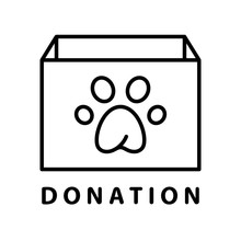 Donation Icon. Rectangular Box With Paw Print. Help Animals, Pets, Wildlife Concept. Linear Logo Or Poster. Black White Illustration. Contour Isolated Vector Image