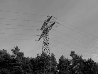 High voltage power line. Electric pole wires. Below is a forest. 