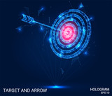 Fototapeta Sport - Hologram arrow and the target. An arrow and a target made of polygons, triangles of points, and lines. The arrow and target are low-poly compound structure. The technology concept.