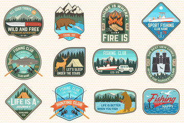 Set of fishing, camping patch. Vector. Concept for shirt or logo, print, stamp, tee, patch. Vintage typography design with fish rod, fisher, river, rainbow trout, bear , mountain silhouette.