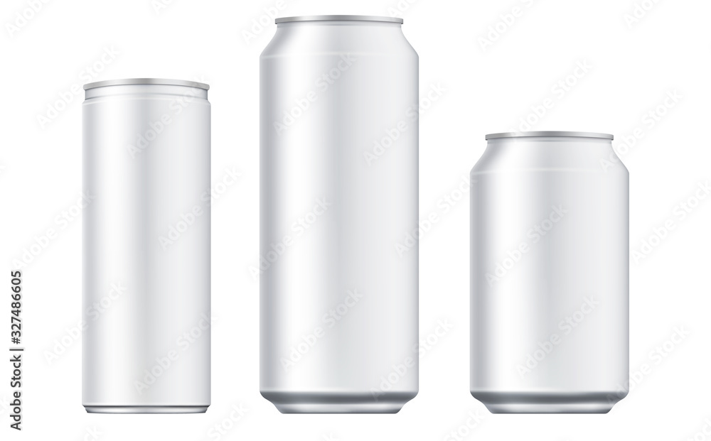 Vector aluminium beer and slim soda can mock up blank template. Juice, soda, beer jar blank isolated on white background. Aluminum can for design. Realistic aluminum cans. - obrazy, fototapety, plakaty 
