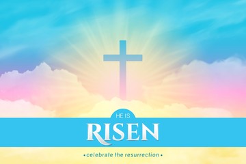 Christian religious design for Easter celebration. Rectangular horizontal vector banner with text: He is risen, shining Cross and heaven with white clouds.