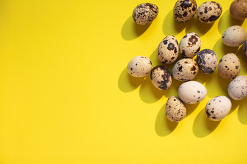 Wall Mural - Quail eggs on a bright yellow background. Easter concept. Text spase