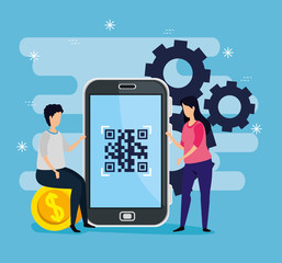 Wall Mural - scan code qr with smartphone and business couple vector illustration design