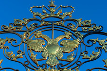 Glittering Golden Double-headed Eagle - The Coat Of Arms Of Russian Empire On The Lattice Of The Catherine Palace (Tsarskoye Selo, Saint Petersburg, Russia)