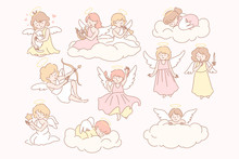 Set Of Baby Angels Cupidon Concept. Group Of Little Baby, Kids With Wings On Clouds. Collection Of Happy Childs Angels With Trumpet, Bow, Arrow, Harp, Trumpet, Star. Valentines Day. Simple Flat Vector