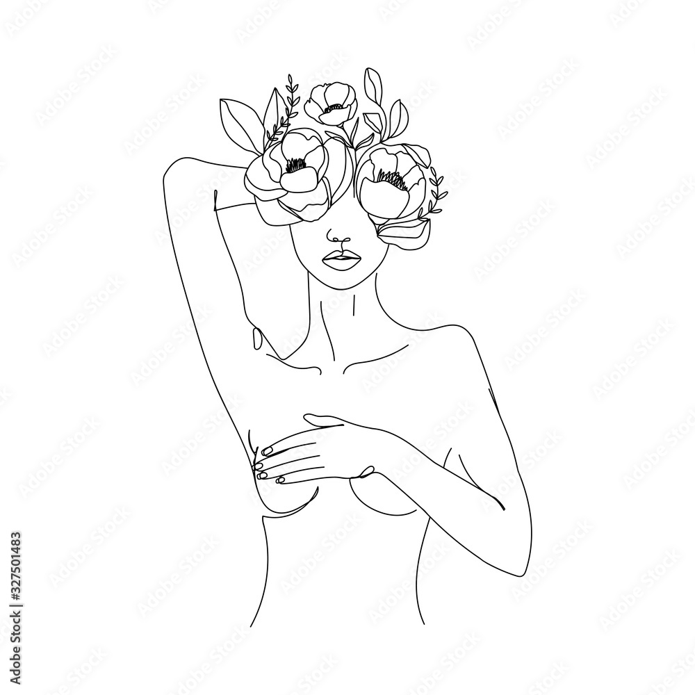 Trendy abstract one line woman body with flowers and leaves. Girl covering her nude breast. Continuous line print for textile, poster, card, t-shirt etc. Vector fashion illustration. - obrazy, fototapety, plakaty 