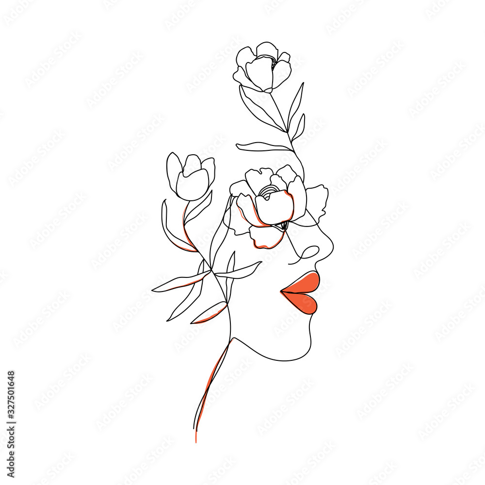 Trendy abstract one line woman face with flower and leaves. Continuous ...