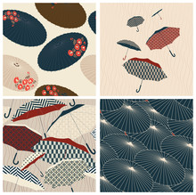 Umbrella Seamless Background With Japanese Pattern Vector. Floral And Geometric Elements. Rainy Season Wallpaper In Vintage Style.
