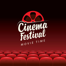 Vector Banner For Retro Cinema Festival With Calligraphic Inscription And Film Strip Reel. Cinema Hall With Big Screen And Red Seats. Empty Movie Theatre. Poster Design For Concert, Theater, Event