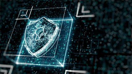 Abstract cyber security concept. Shield With Keyhole icon on digital data background. Illustrates cyber data security or information privacy idea. Blue abstract hi speed internet technology.
