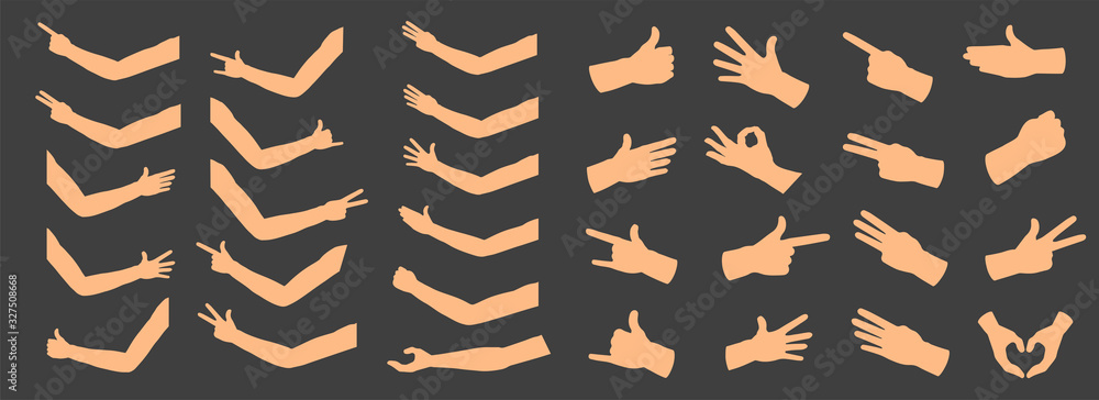 Creative vector illustration of gesturing hands, arm, finger sign set isolated on background. Art design counting gestures, arm handshake template. Female and male hands. Abstract concept emotions - obrazy, fototapety, plakaty 