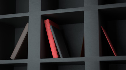 Wall Mural - 3d render of the black bookshelf with red and black books. 