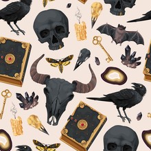 Seamless Pattern With Raven And Magic Book