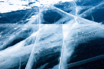 Methane Bubbles in the Baikal Ice.ice and cracks on the surface of Lake Baikal, Winter.Top view. Winter texture.Air bubbles in ice.Baikal ice. Crystal clear drinking water. 