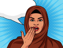 Color Vector In Arabic Style Pop Art Comic Girl Surprised. Beautiful Woman In A Traditional Islamic Shawl On Her Head In Shock. Muslim Woman With An Amazed Expression Face Over Halftone Background