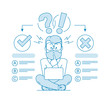 The concept of choosing the right answer. Character - a man with a beard and glasses using a computer passes the test. Exam. Evaluation Testing. Illustration in line art style. Vector