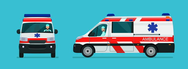 Ambulance van car two angle set. Car with driver man side view and front view. Vector flat style illustration.