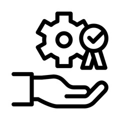 Sticker - Hand Holding Gear And Medal Icon Thin Line Vector. Process For Goal Achievement, Victory Medal And Recognition Concept Linear Pictogram. Monochrome Outline Sign Isolated Contour Symbol Illustration