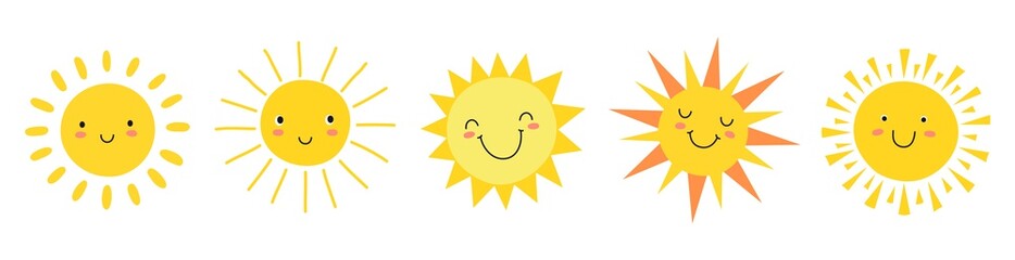cute suns. sunshine emoji, cute smiling faces. summer sunlight emoticons and morning sunny weather. 