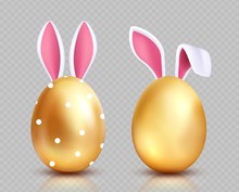Easter Eggs. Golden Egg Hunting, Bunny Ears. Isolated Realistic Spring Festive Vector Elements. Gold Egg With Ears Rabbit, Easter Design Illustration