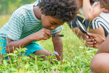African American Boy With Friends In The Grass Exploring And Looking Nature With The Magnifying Glass.Education Outdoor Concept.