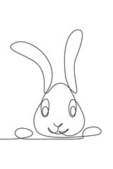 Wall Mural - Cute cartoon rabbit head peeking out. Continuous line art drawing style. Easter bunny black linear sketch isolated on white background. Vector illustration