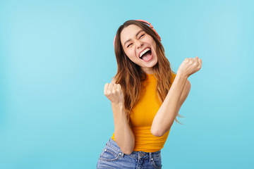 Poster - Portrait of beautiful joyous woman wearing headphones listening to music