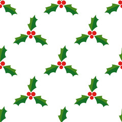 Wall Mural - Christmas holly berries seamless pattern on white background.