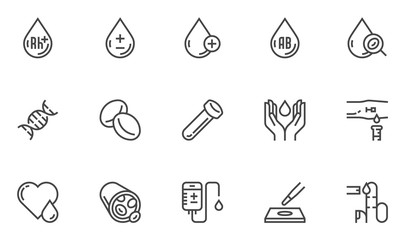 Blood Vector Line Icons Set. Hematology, Blood Cell, Vessel, DNA, Blood Group, RH Factor, Blood Test. Editable Stroke. 48x48 Pixel Perfect.