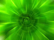 Abstract Green Zoom Effect Background. Digitally Generated Image. Rays Of Green Light. Colorful Radial Blur, Fast Speed Zooming Motion, Sunburst Or Starburst. Use For Banner Background