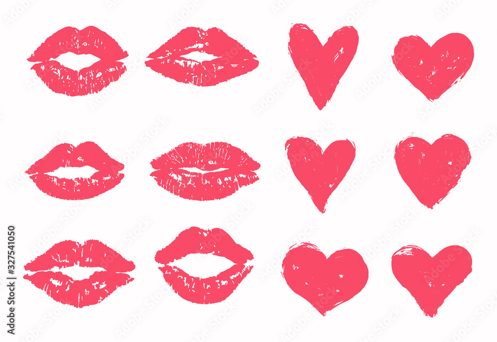 Trace of kiss set, heart vector pack. Pink, red hearts and lipstick imprint kisses. Valentine's day print, symbol, design, template. - obrazy, fototapety, plakaty 