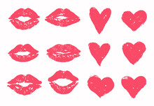 Trace Of Kiss Set, Heart Vector Pack. Pink, Red Hearts And Lipstick Imprint Kisses. Valentine's Day Print, Symbol, Design, Template.