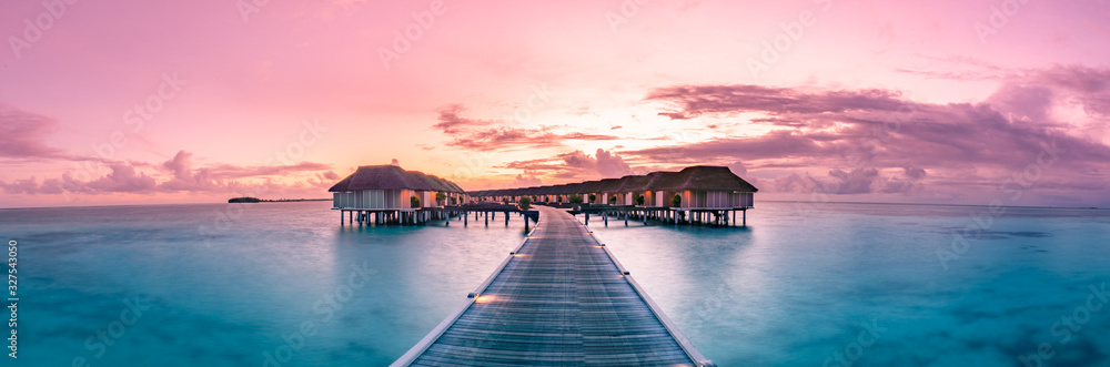 Amazing panorama beach landscape. Maldives sunset seascape view. Horizon with sea and sky. Tranquil scenery, tourism and travel banner. Summer luxury resort landscape, vacation holiday island concept - obrazy, fototapety, plakaty 