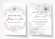Wedding Invitation Design With Magnolia Flower Wreath On White Background. Vector Template Useful For Save The Date Card, 8 March Greeting, Anniversary Invite, Funeral Thank You Card