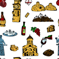 Georgia , travel, food vector seamless pattern on white background. Concept for menu, cards , wallpaper, wrapping paper,textile