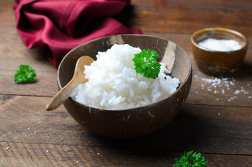 Coconut Rice, Cooked Rice Served in Coconut Shell