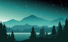 Mountains And Lake At Night Landscape Flat Vector Illustration. Nature Scenery With Fir Trees And Hill Peaks Silhouettes On Horizon. Valley, River And Starry Sky Scene Cartoon Background.