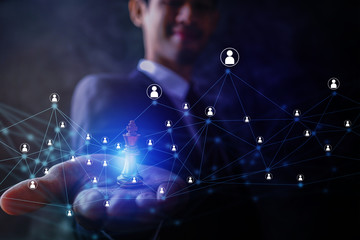 leader strategy and intelligence connection line concept, businessman holding king chess on palm wit