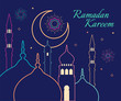 Linear art of Arabic geometric art. Islamic mosque and crescent moon. Ramadan Kareem - Glorious month of Muslim year.