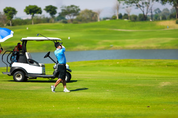 Professinal golf player on golf course. Pro golfer taking a shot