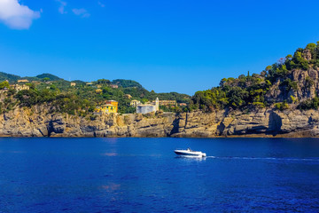 Wall Mural - Old medieval castle, located on a hill near harbor of Portofino town, Italy