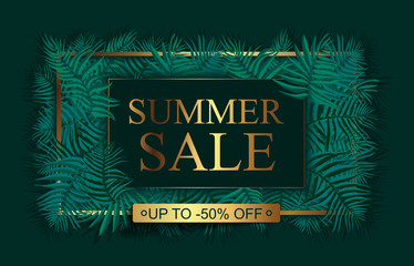 Summer sale announcement background with leaves, stem isolated on green backdrop. Minimalistic style floral background with gold lettering and elements. Discount text offer 50 percent. Vector illustra